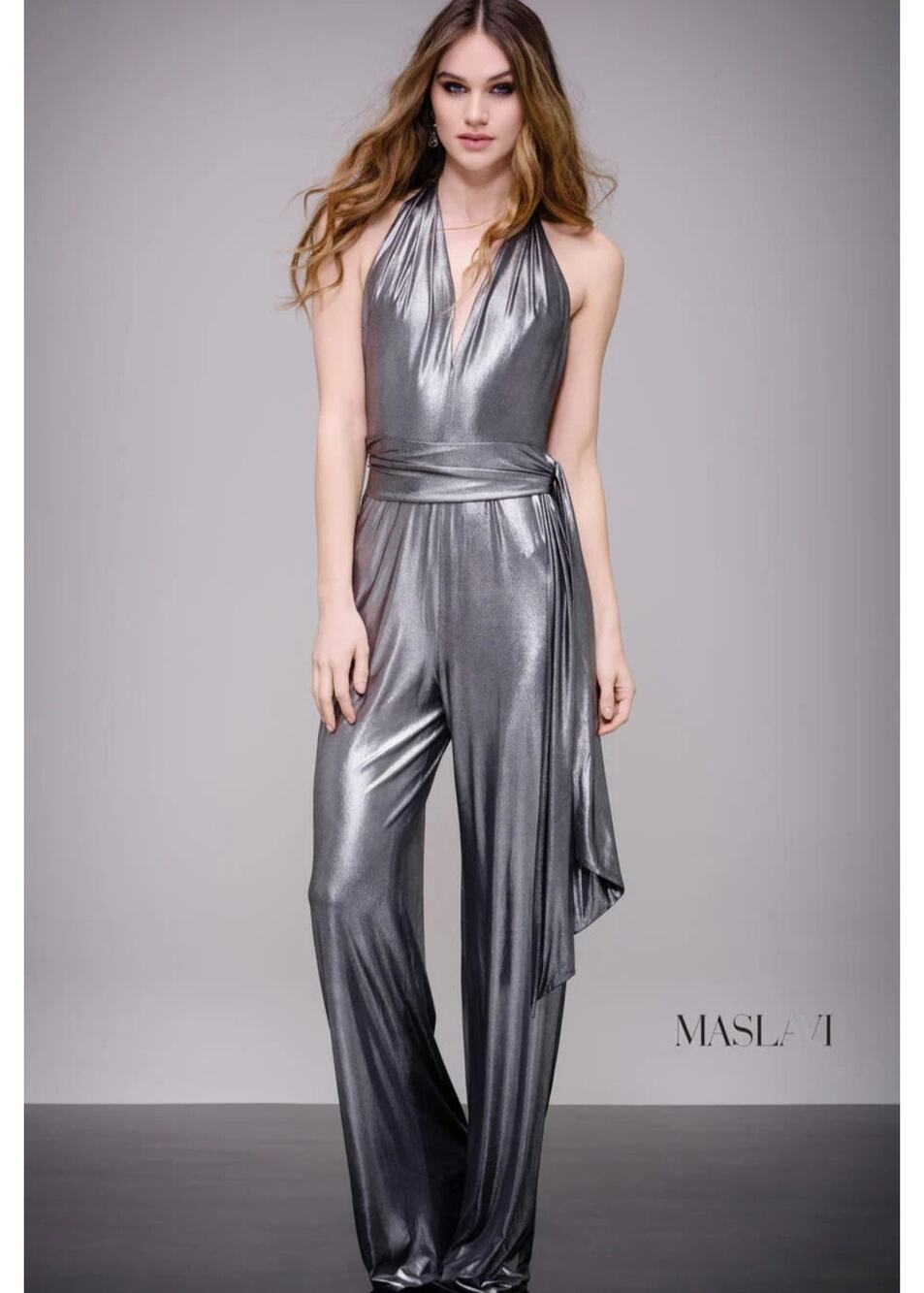 Maslavi Jovani Silver Metallic Jumpsuit Wide Leg Halter Plunging Backless NEW 6